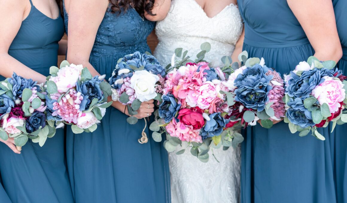 Bride and bridesmaids holding their silk bouquets