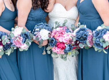 Bride and bridesmaids holding their silk bouquets