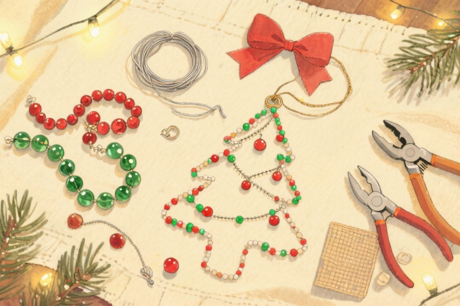 Beaded Christmas Tree Ornaments with Red and Green Glass Beads