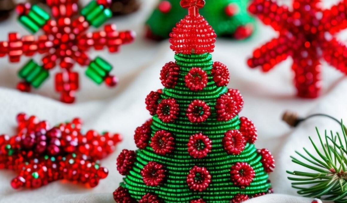 Beaded Christmas Tree Ornaments with Red and Green Glass Beads