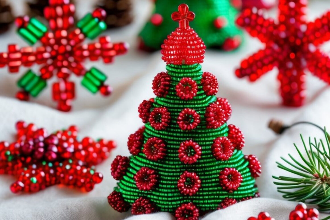 Beaded Christmas Tree Ornaments with Red and Green Glass Beads