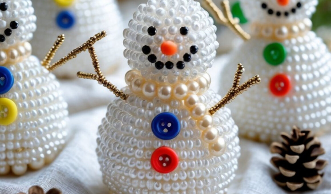 Beaded Snowman Ornaments with Button and Pearl Beads