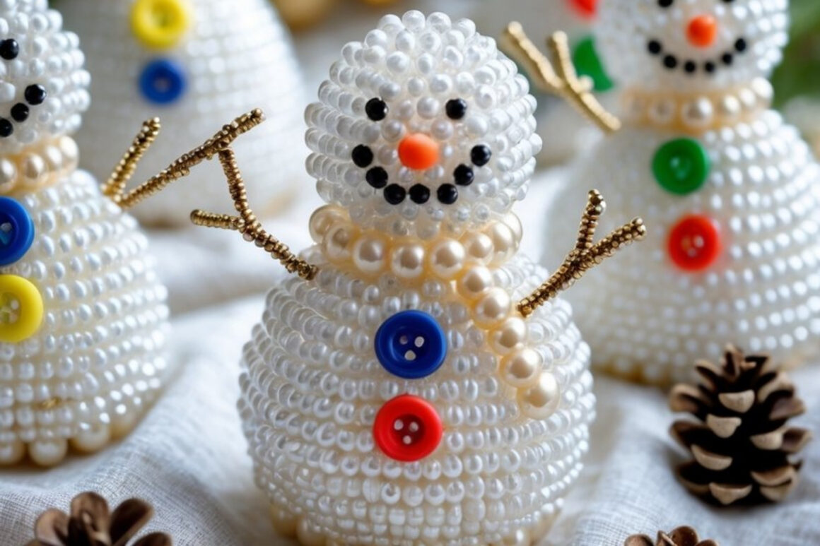 Beaded Snowman Ornaments with Button and Pearl Beads