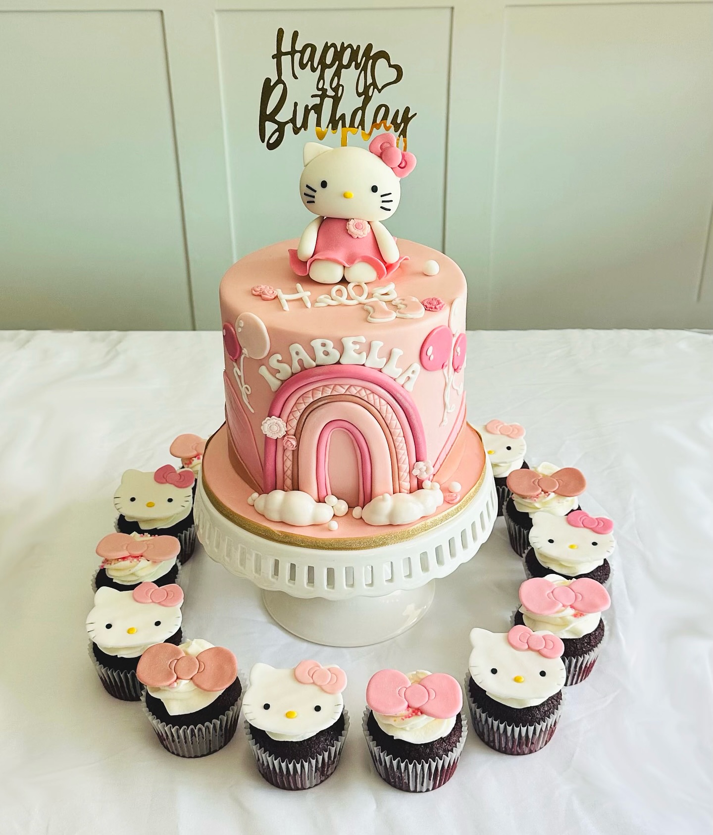 Multi-tiered Hello Kitty cake with cupcake towers