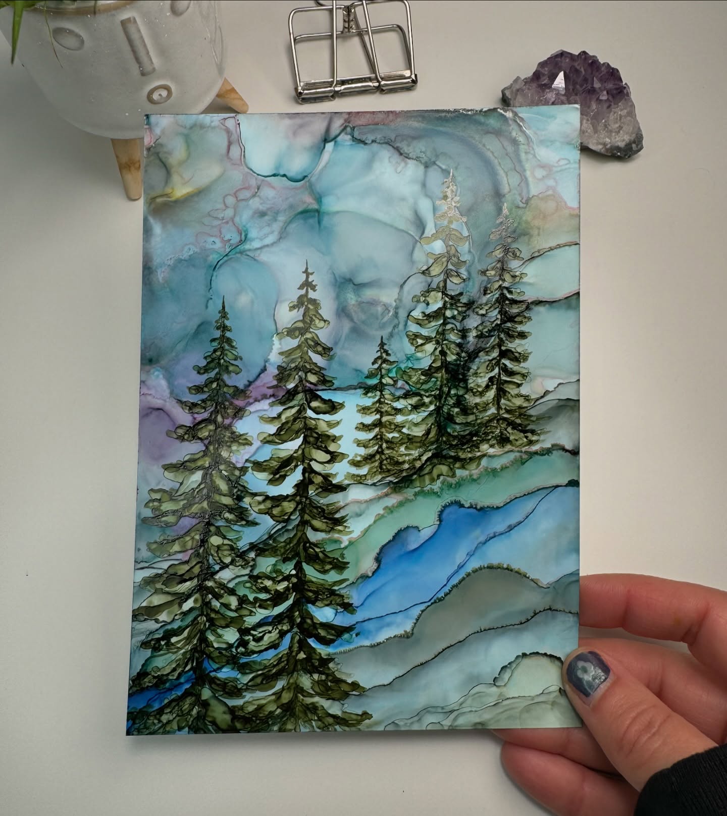 Alcohol ink winter landscape artwork