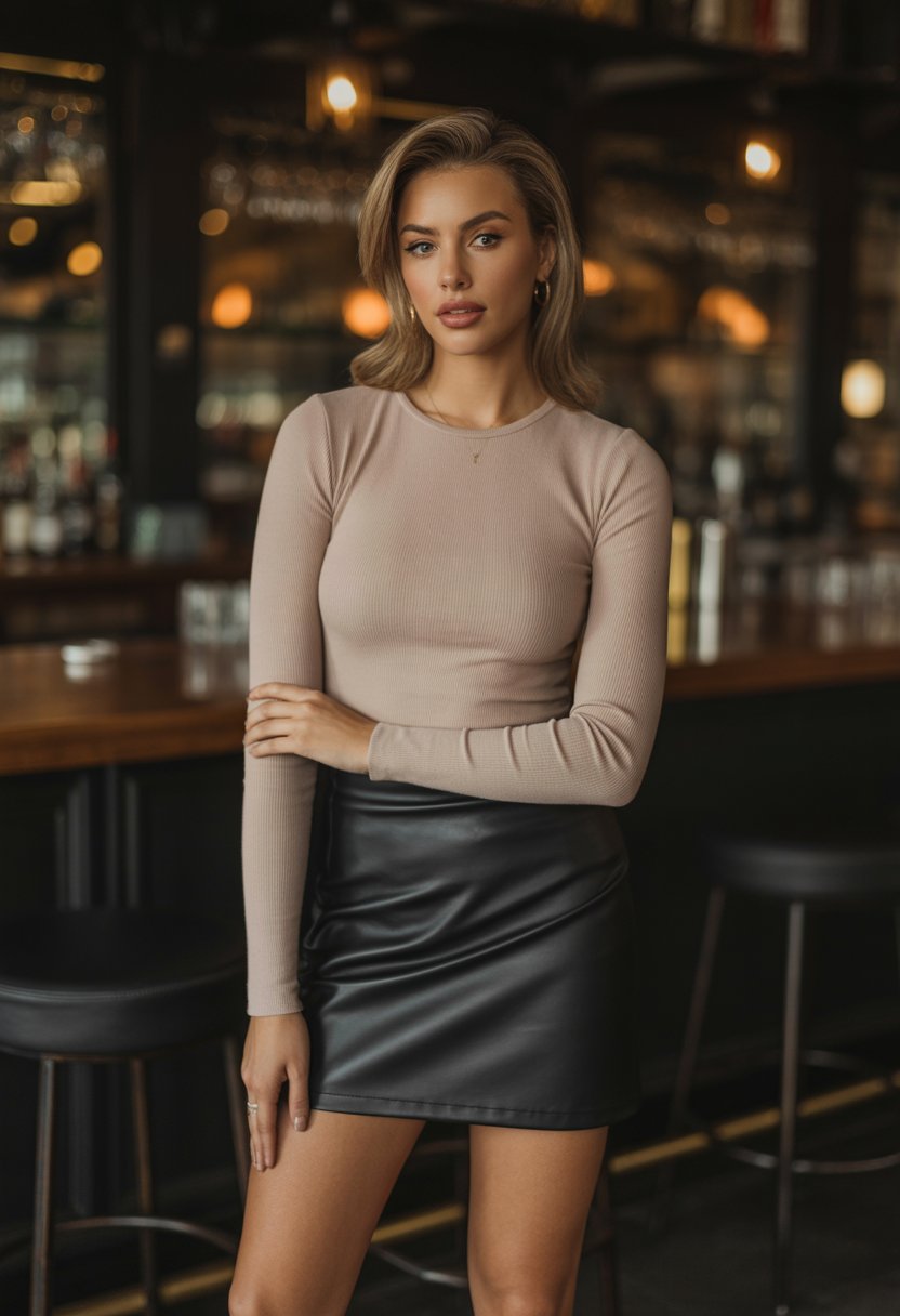 Knit Long-Sleeve Top with Leather Skirt