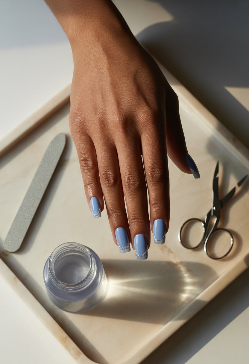 Blue French Tips With Frosty Lines