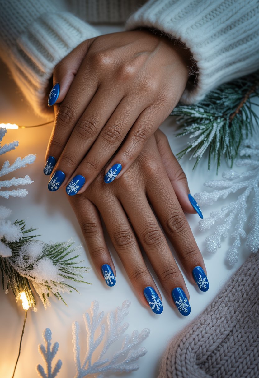 Blue Snowflake Accent Nails