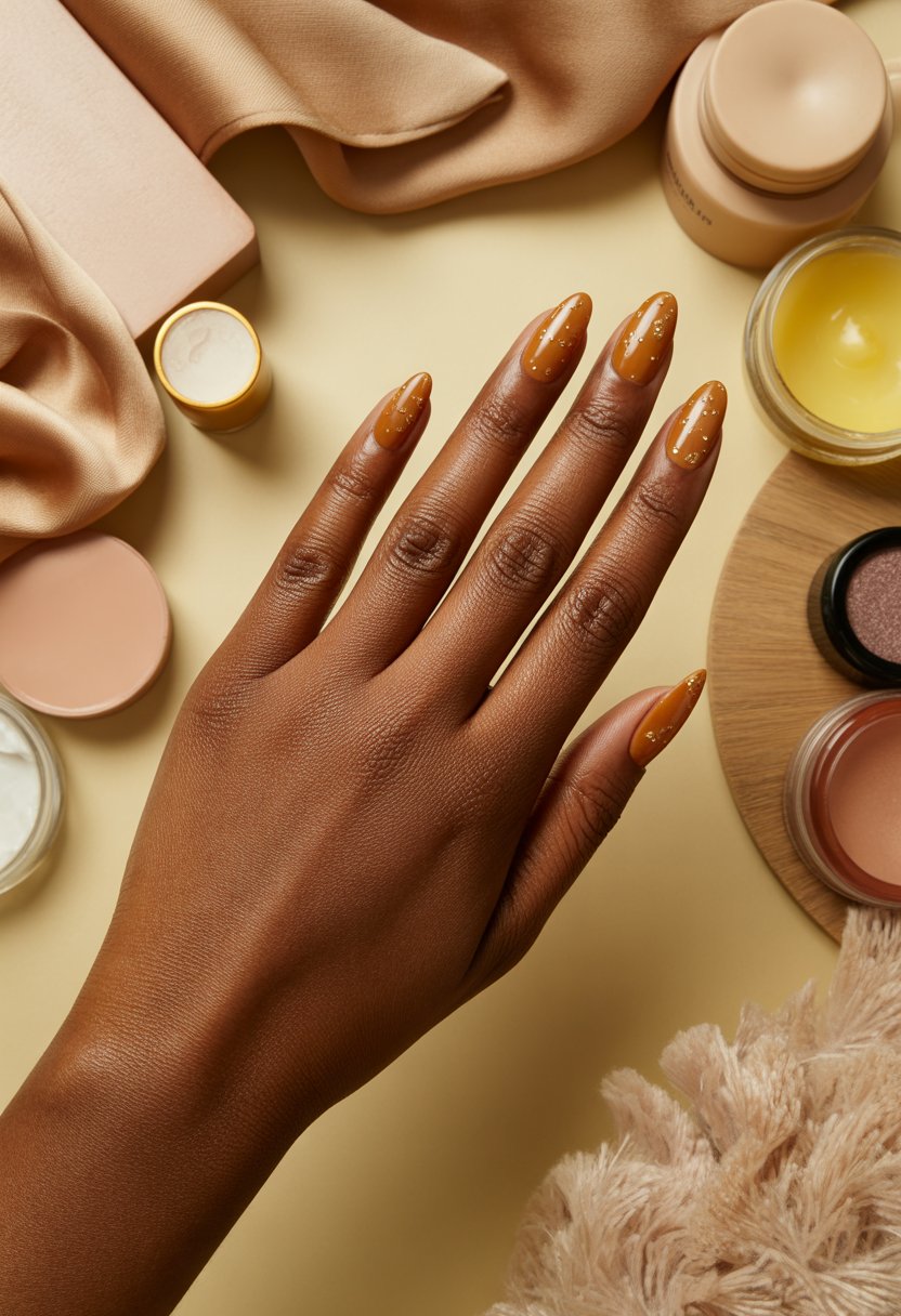 Caramel Almond Nails With Gold Micro Flecks