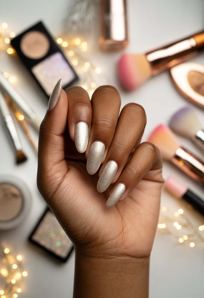 Champagne Almond Nails With Layered Sparkle