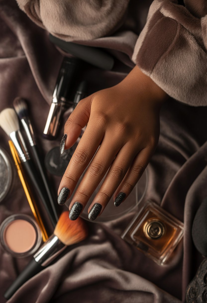 Charcoal Glitter Velvet Nails