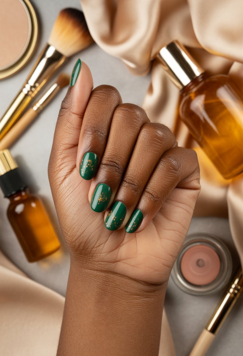 Deep Solstice Green Nails With Gold Dust