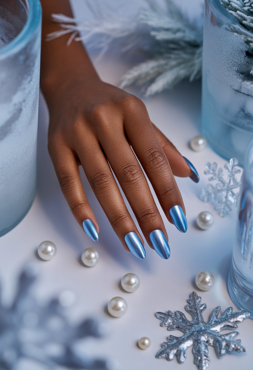 Frosted Blue Chrome Almond Nails