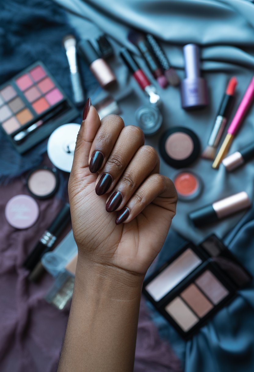 Glossy Dark Cherry Nails With Soft Black Smoke Edges