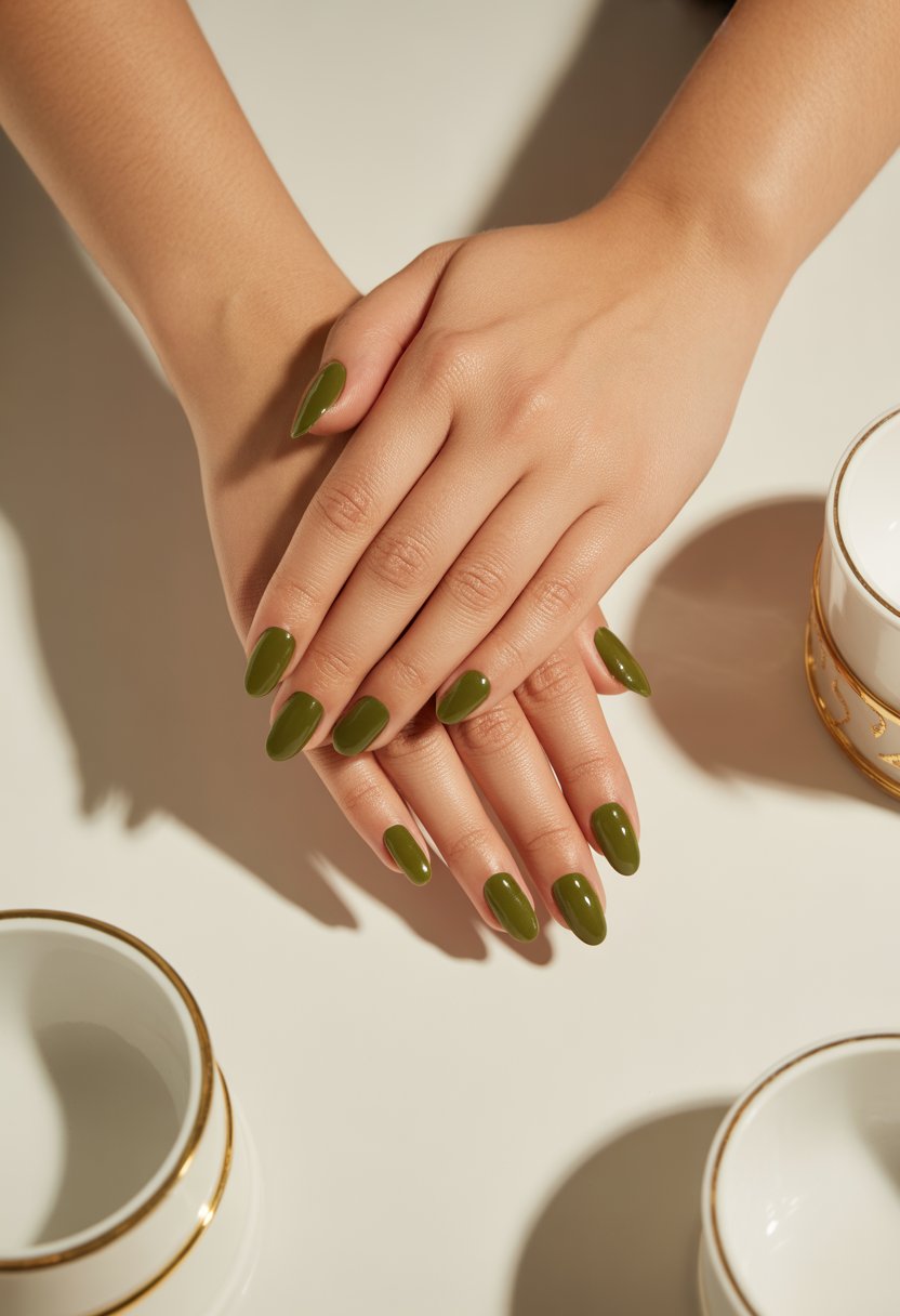 Glossy Olive Almond Minimalist Nails