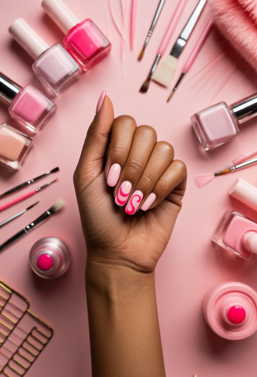Hot Pink Swirl Accent Nails