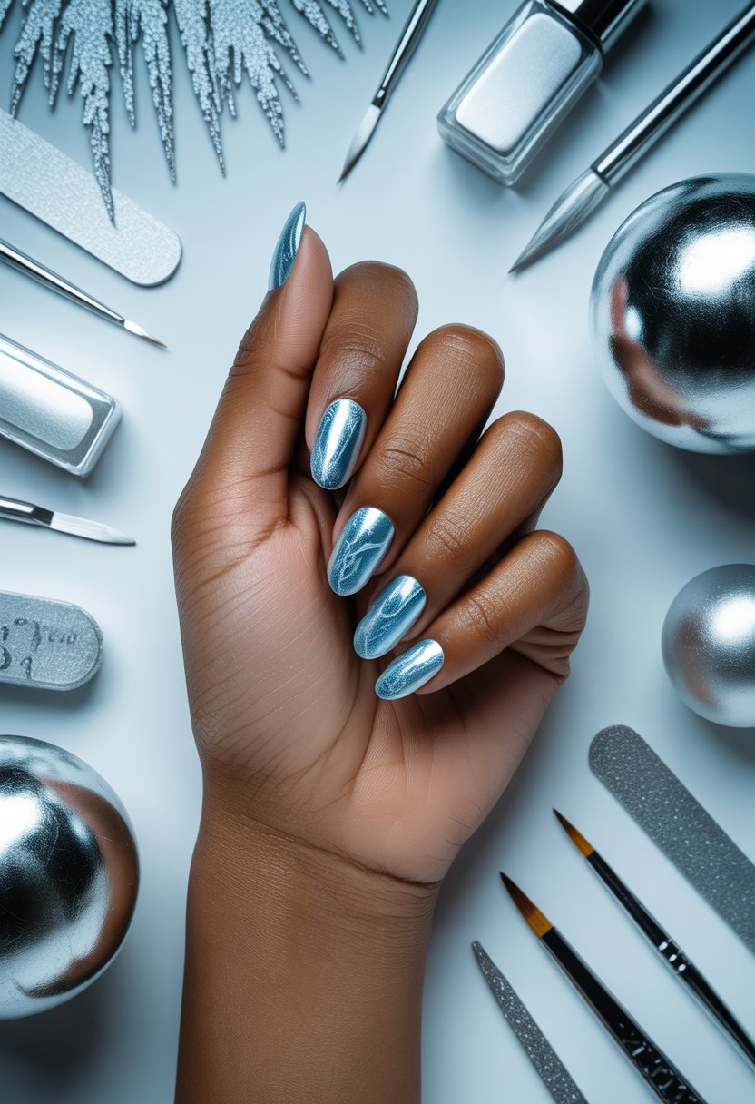 Ice Blue Chrome Frost Nails
