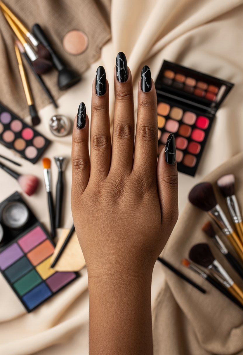 Marble Black Nails With White Veins