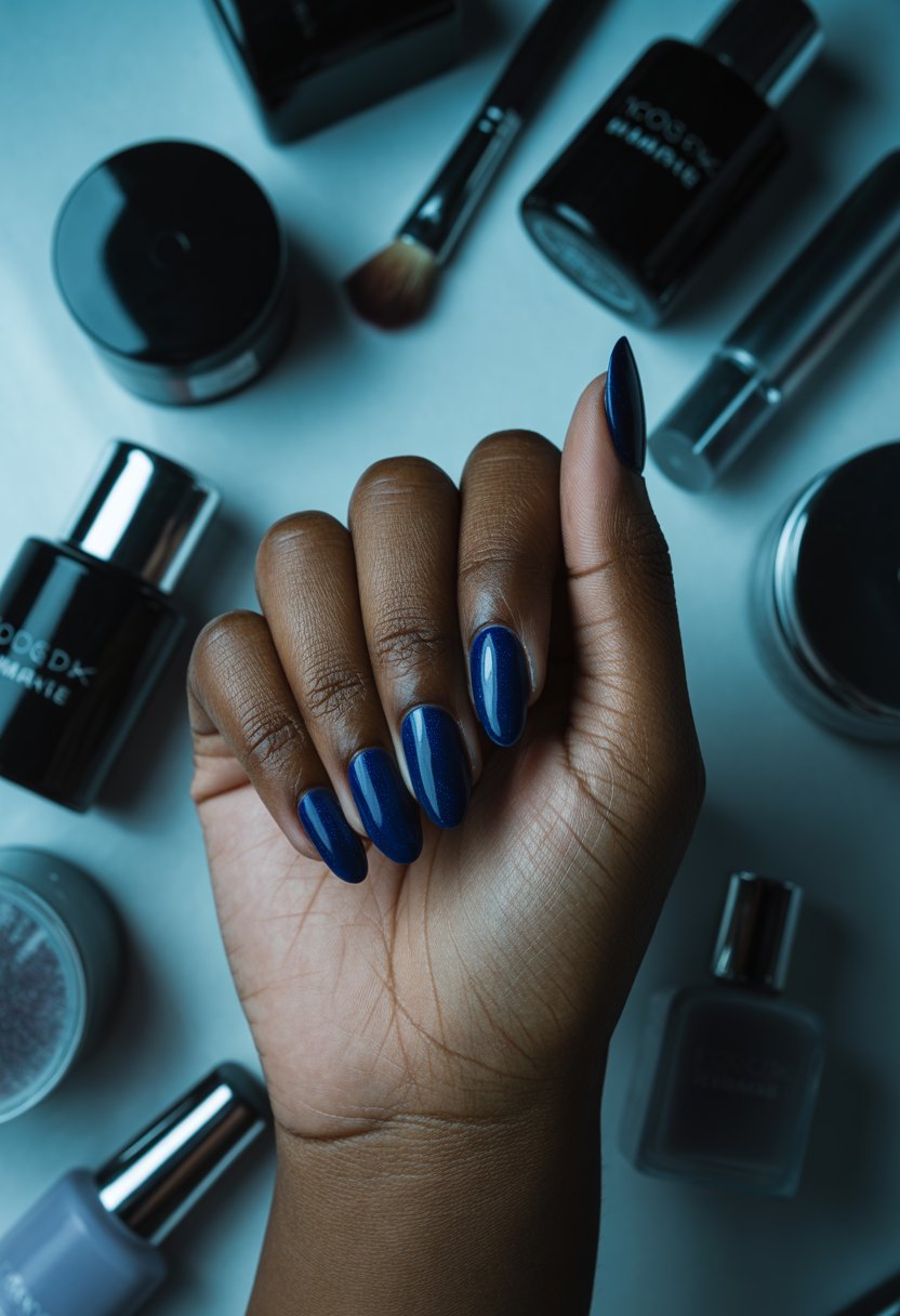 Midnight Blue Almond Nails With Gloss Drops