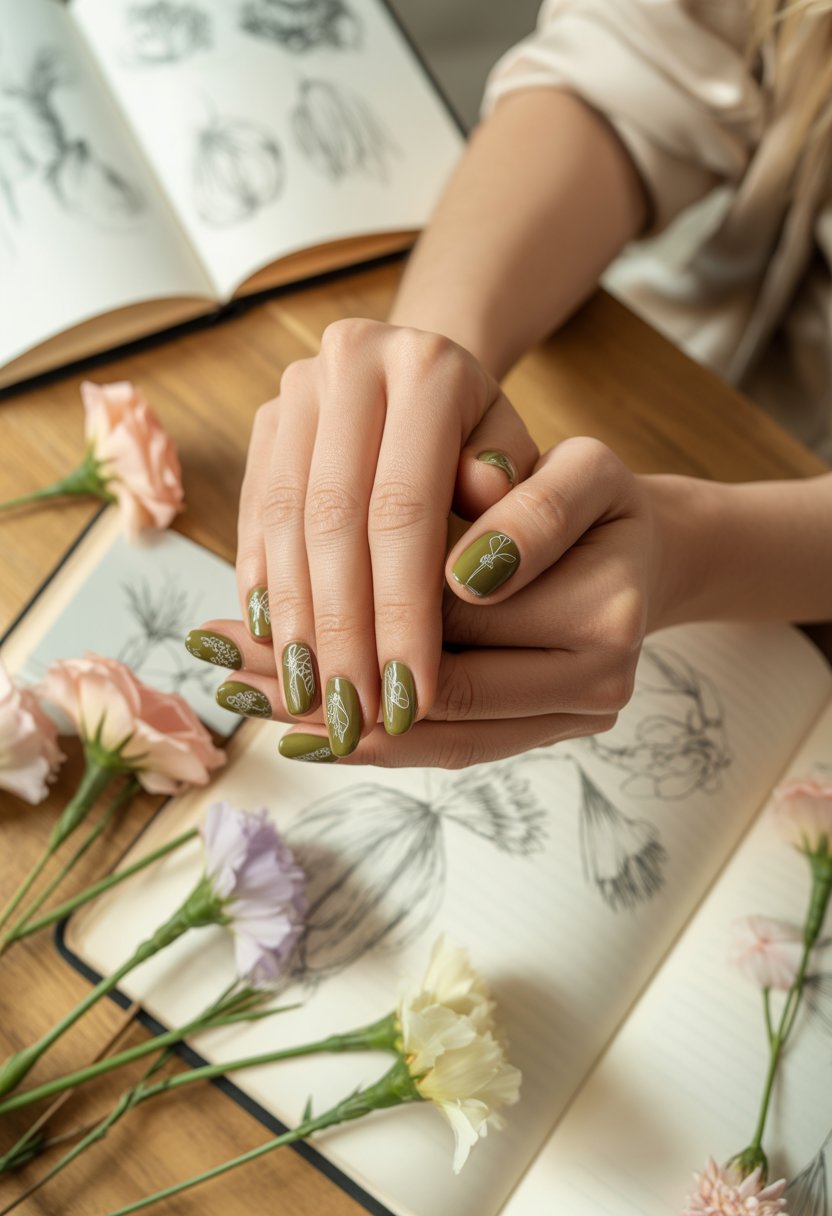 Olive Floral Line Art Nails