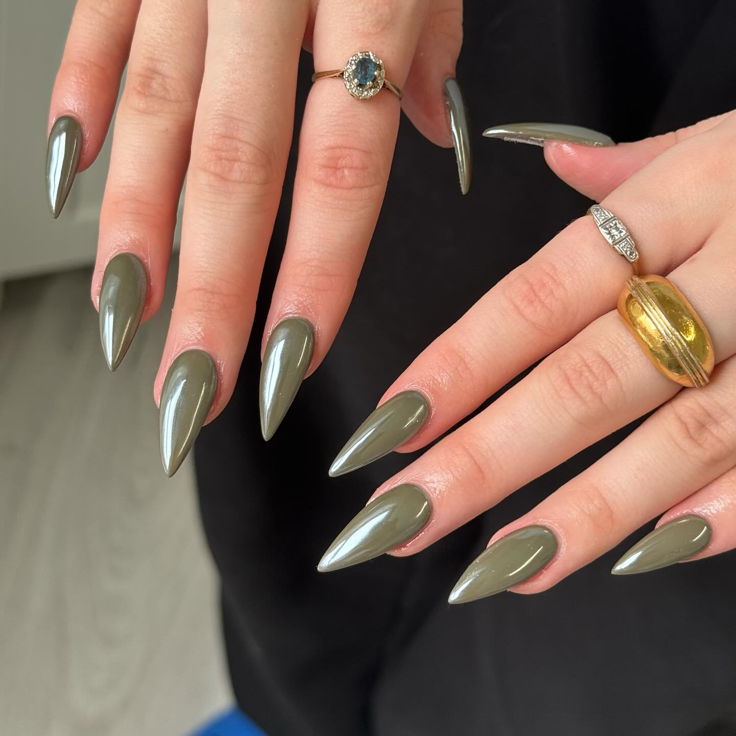 Olive Green Chrome Almond Nails