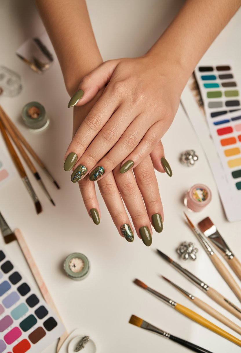 Olive Mosaic Shimmer Nails