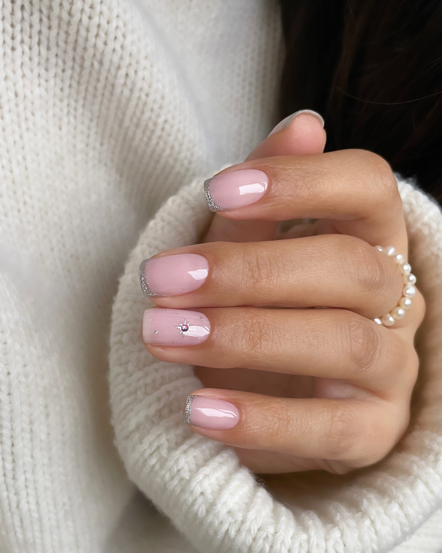 Pink Crème Nails with Silver French Tips