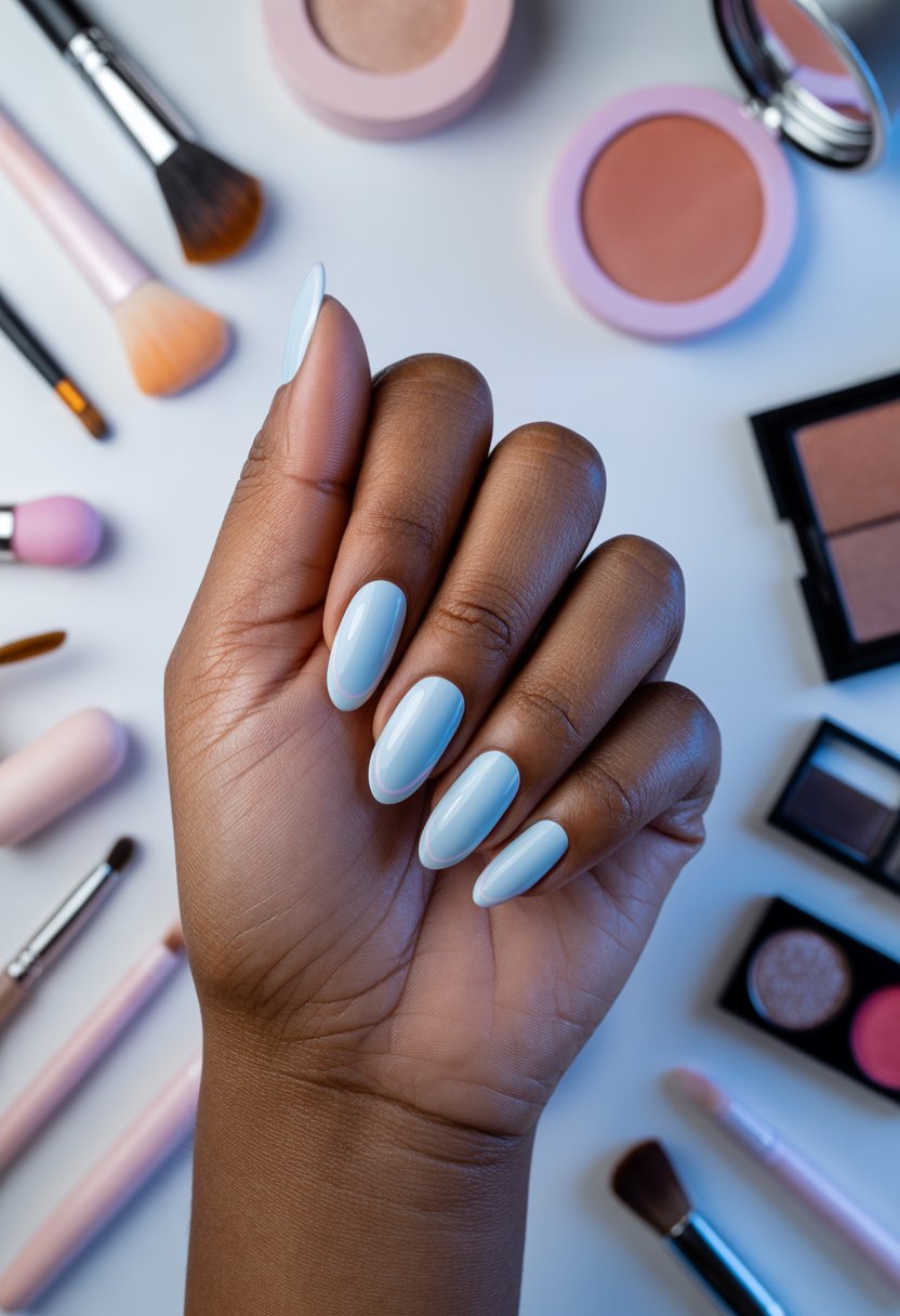 Powder Blue Almond Nails With Glossy Snow Edges