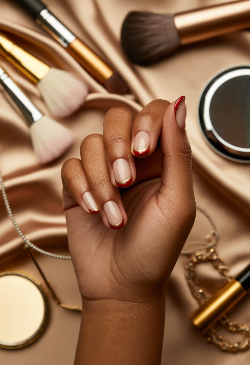 Red French Tips With Gold Lines