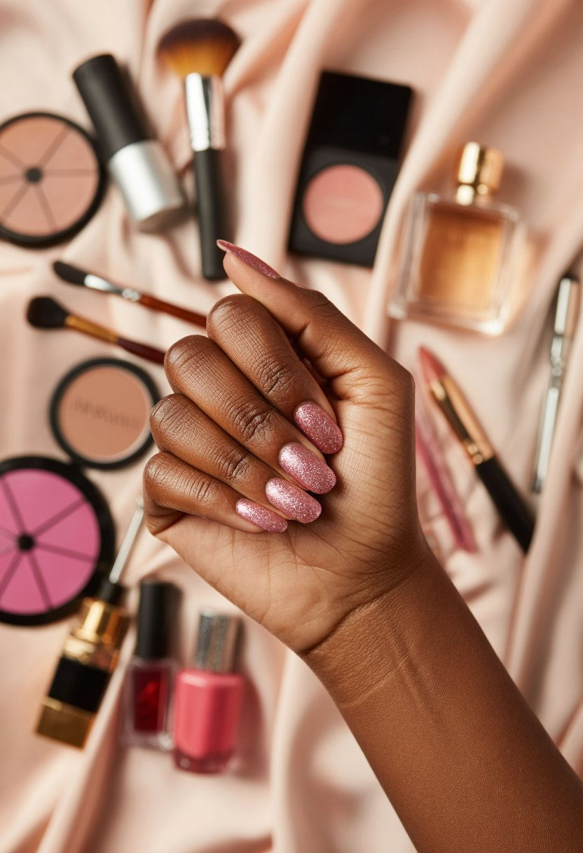 Rosy Pink Glitter Glow Nails
