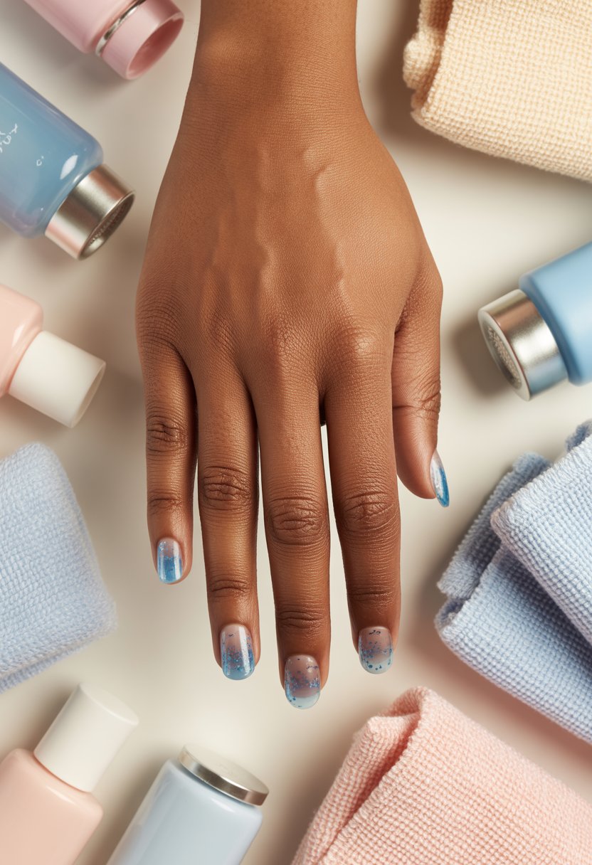 Short Blue Glass Nails With Minimal Silver Flakes