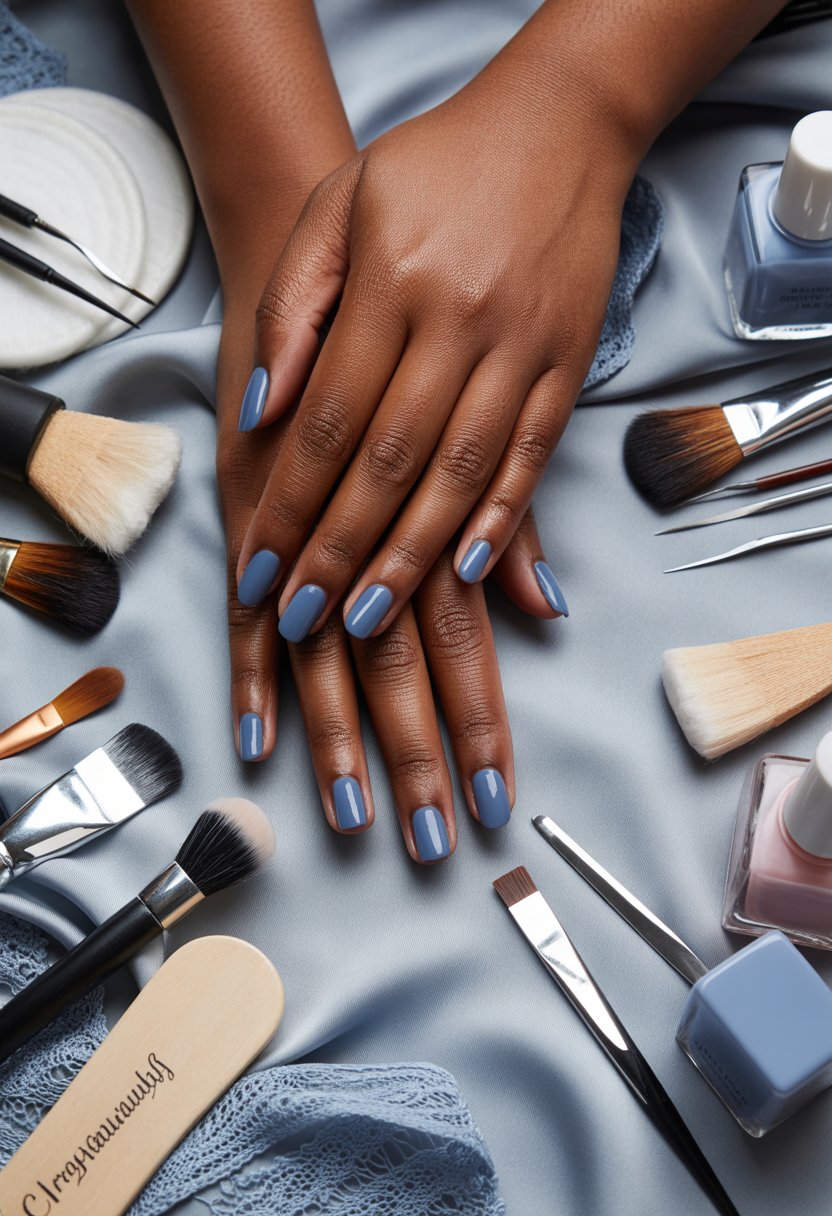  Short Dusty Blue Matte Nails With Glossy Tips