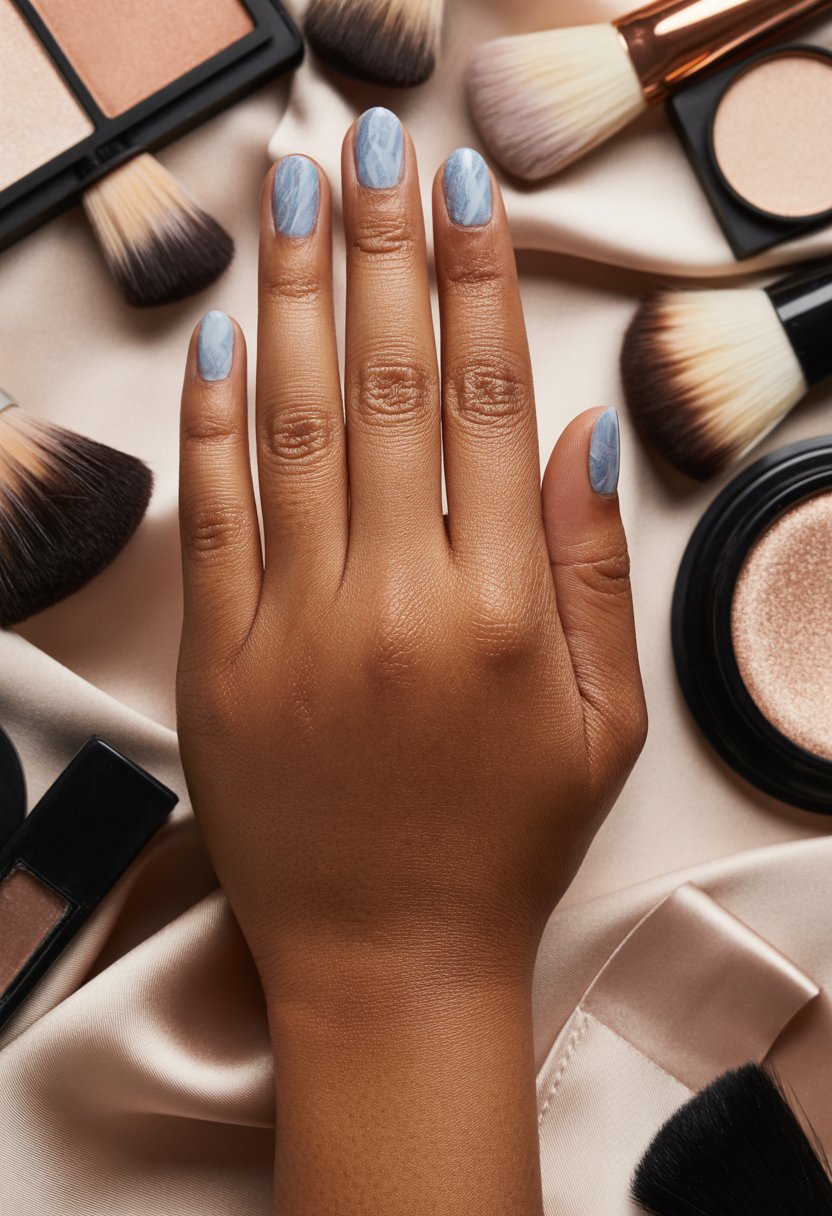 Short Icy Blue Marble Nails