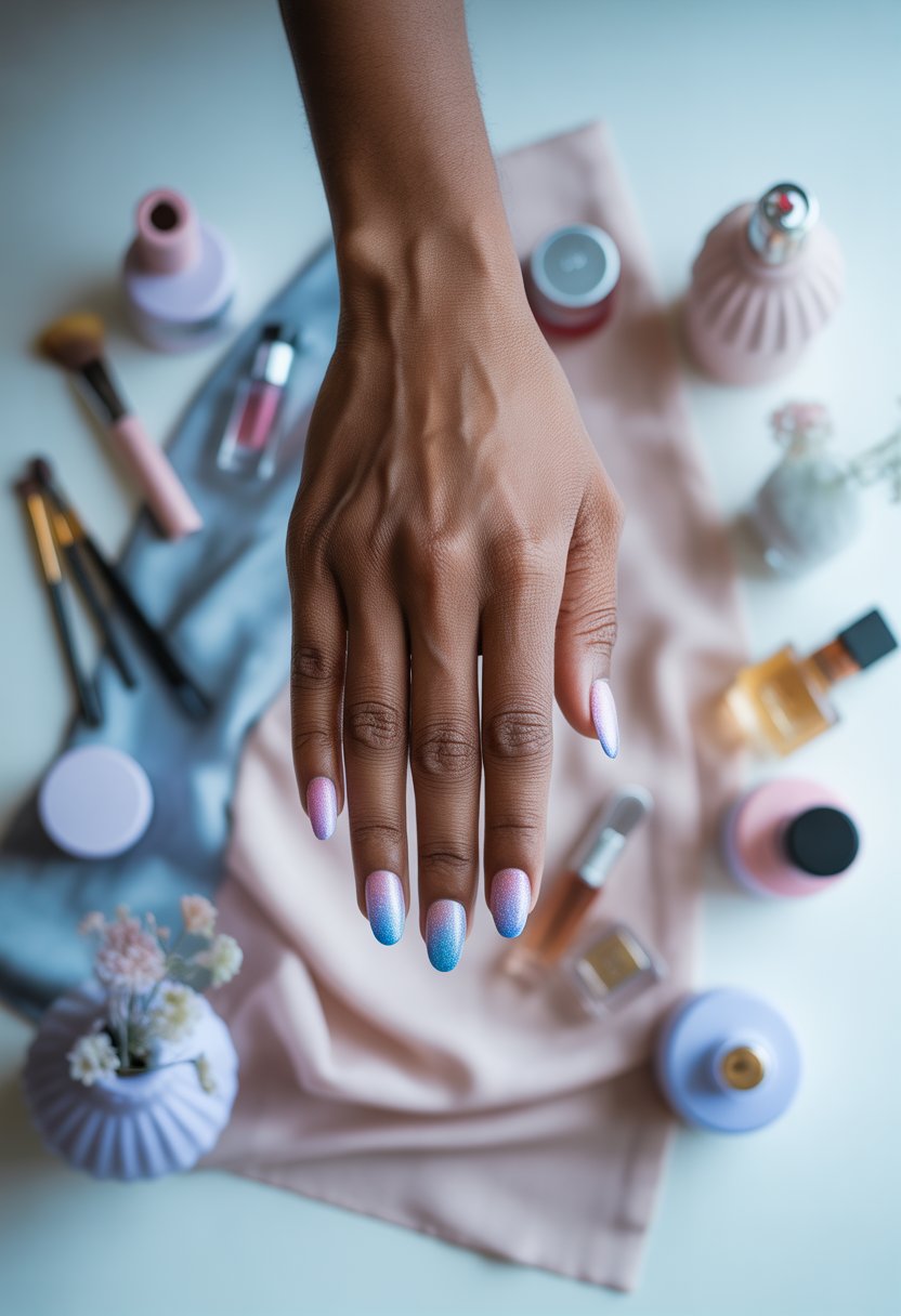 Short Pink-Blue Frost Fade Nails