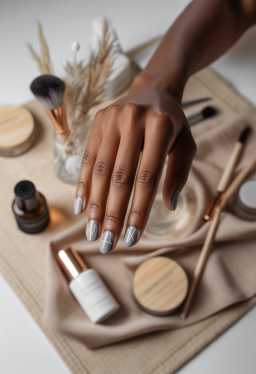 Short Soft Grey-Blue Nails With Micro Line Art