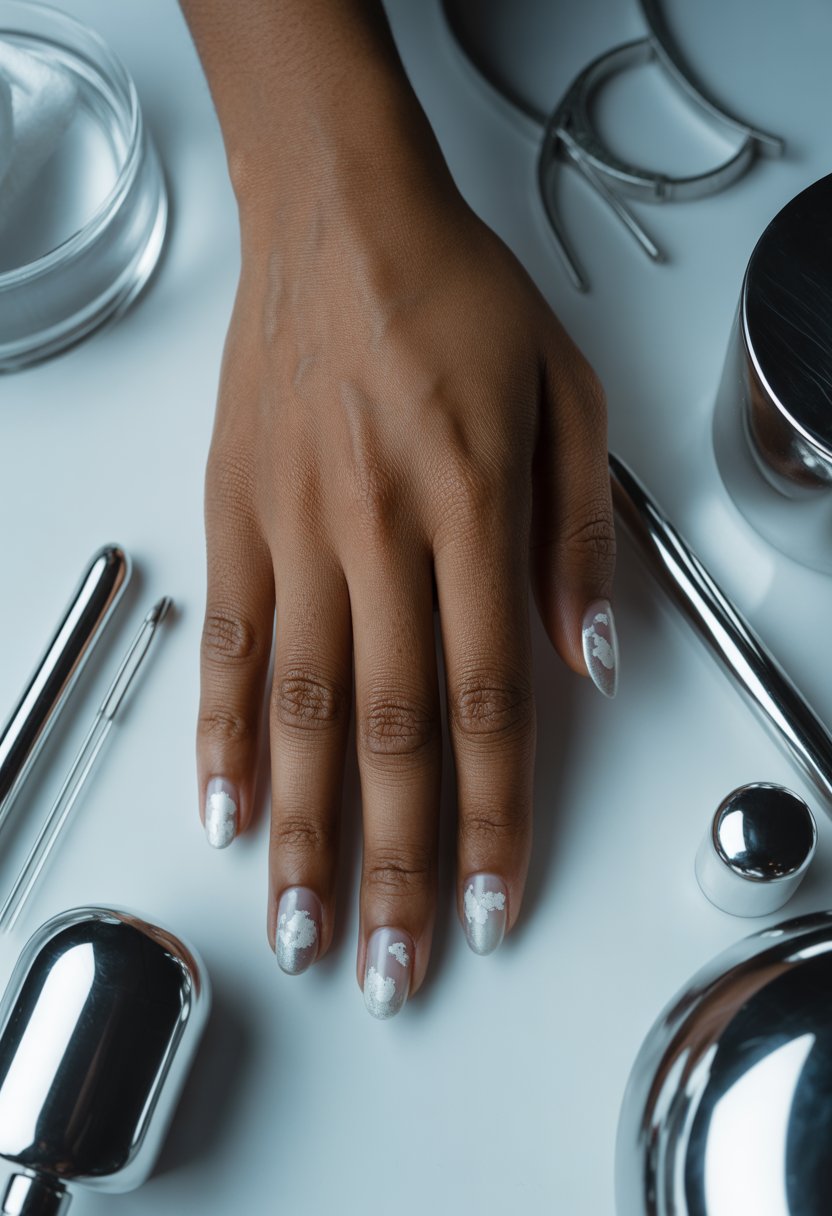 Silver Mist Nails With Cloudy Snow Layers