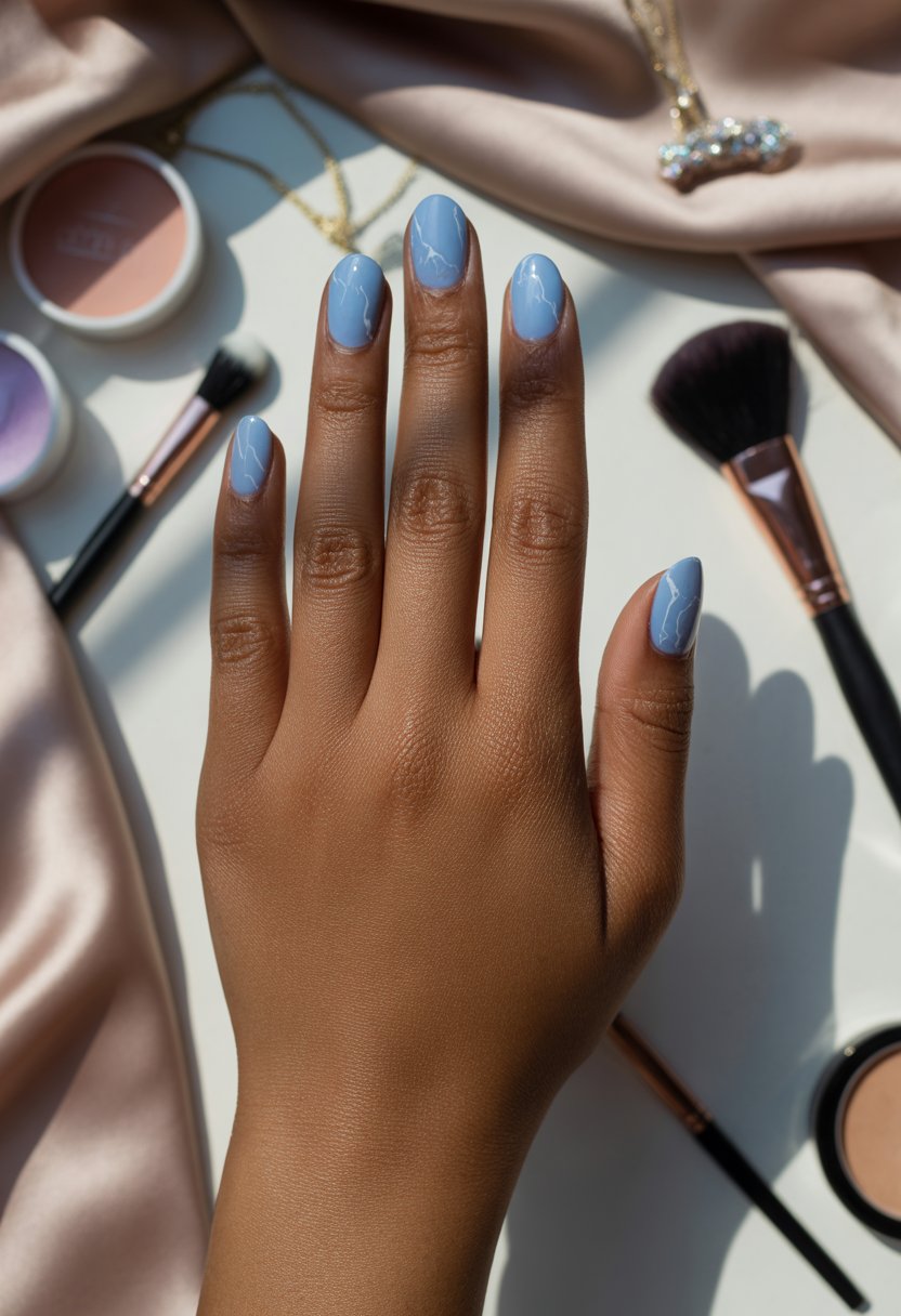 Soft Blue Marble Nails With Snowdrift Veins