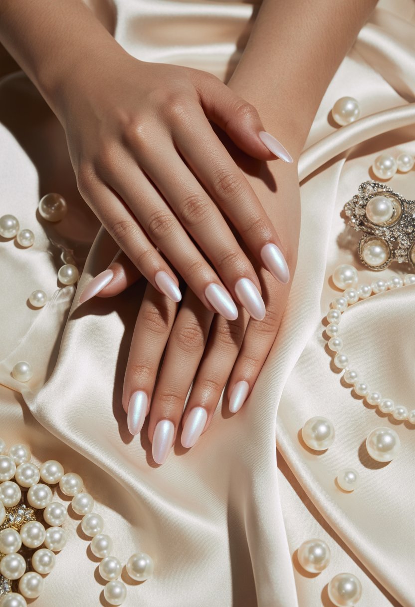 Soft Pearl Glow Almond Nails