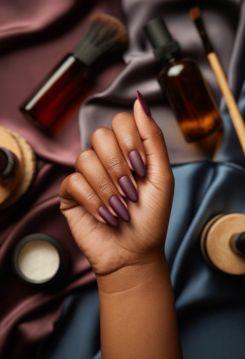 Velvet Matte Plum Almond Nails