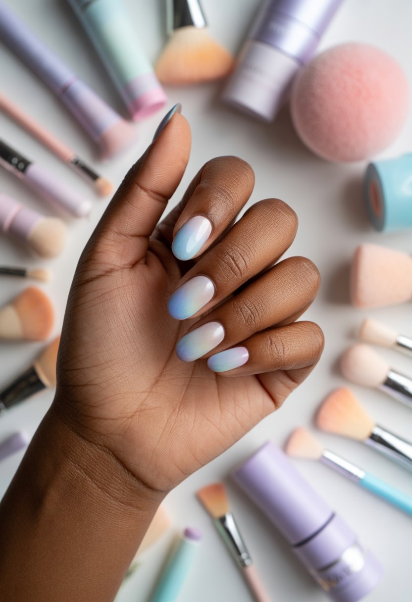 Winter Aura Nails in Soft Blue and White