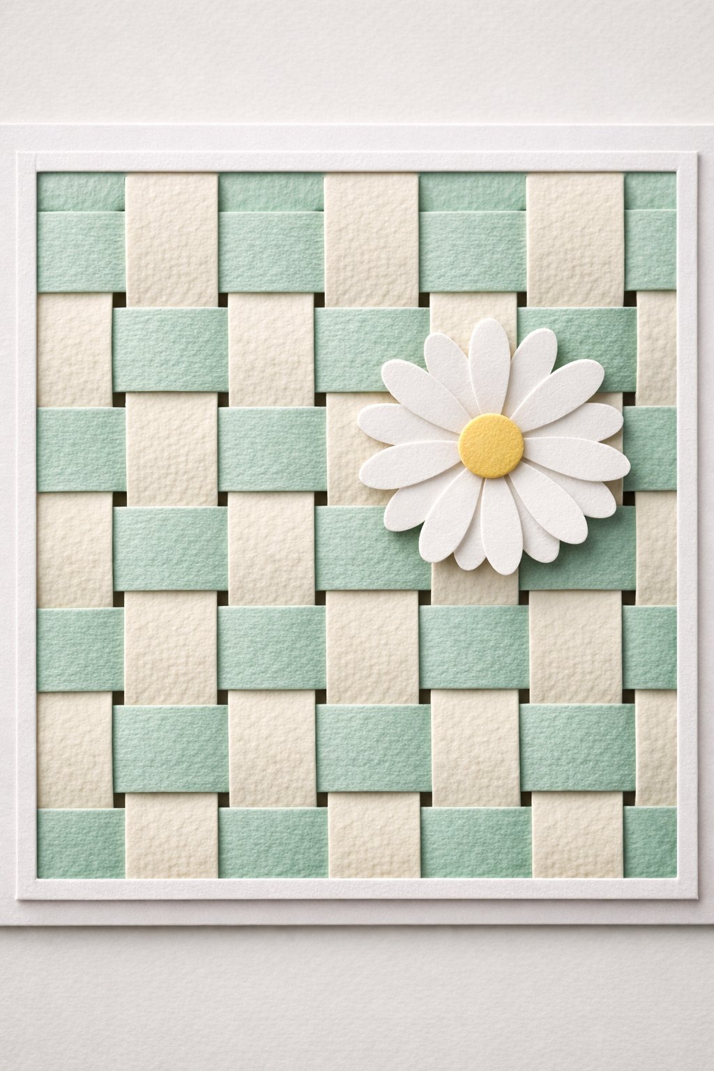 A close-up, macro shot of the front of a card featuring a tight basket-weave pattern. The weave is composed of 1/2-inch strips of pale mint and textured cream cardstock. The texture of the paper fiber is visible. The weave is set inside a clean rectangular frame. A single, unlabelled die-cut paper daisy sits on top of the weave for dimension. The lighting is side-lit to emphasize the over-under depth of the paper strips. No text is visible.