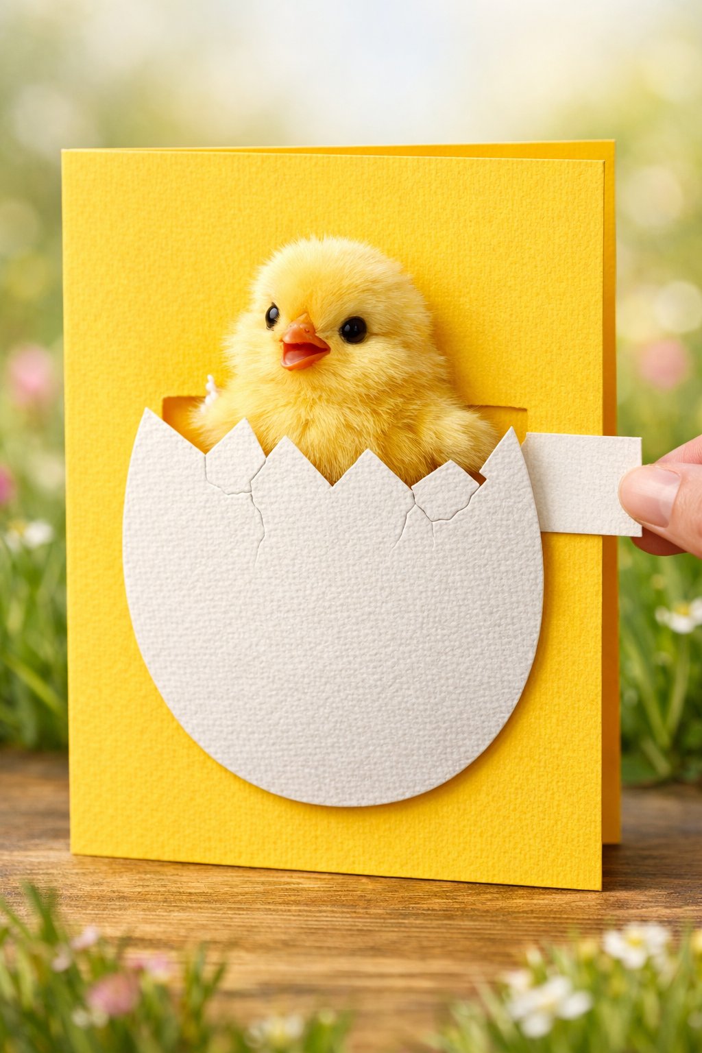 A crisp, professional photo of a bright yellow Easter card. The front features a large, cracked eggshell made of textured white cardstock. As the side tab is pulled, a cute, fuzzy yellow chick slides up out of the egg. The background is a soft-focus spring meadow. 8k resolution, macro craft photography.