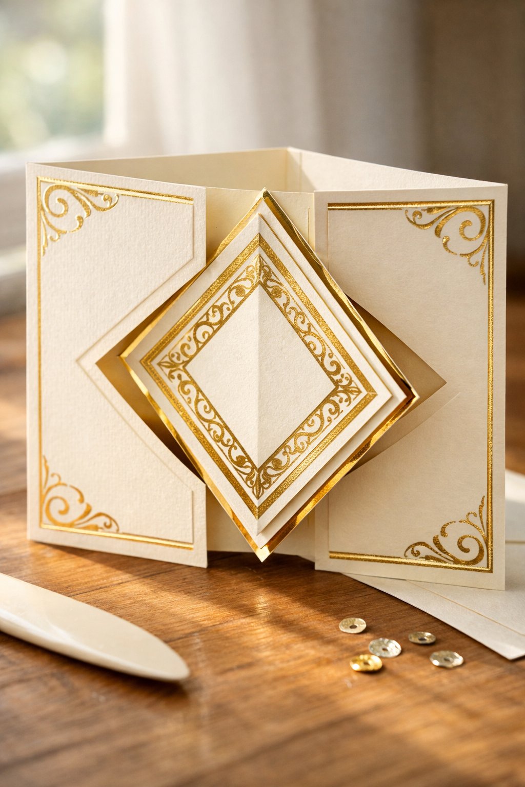 A hyper-realistic, close-up shot of a Diamond Flip Fold card made from heavy-weight cream cardstock with gold foil accents. The card is partially open to show the rotating diamond mechanism in the center. Soft, natural morning light from a window creates gentle shadows. The background is a clean, wooden crafting table with a few stray sequins and a bone folder nearby. 8k resolution, macro photography.