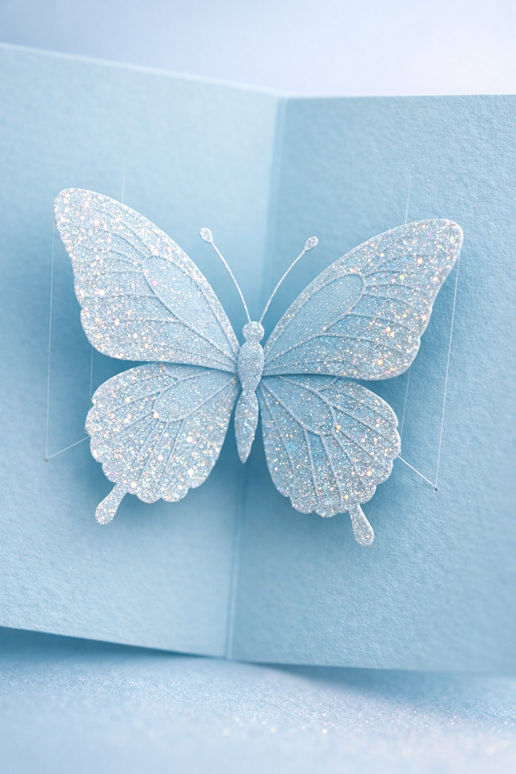 A macro shot of a delicate pastel blue card. A central butterfly shape is suspended by thin threads or paper hinges, looking as if it’s floating. The wings are dusted with fine iridescent glitter.