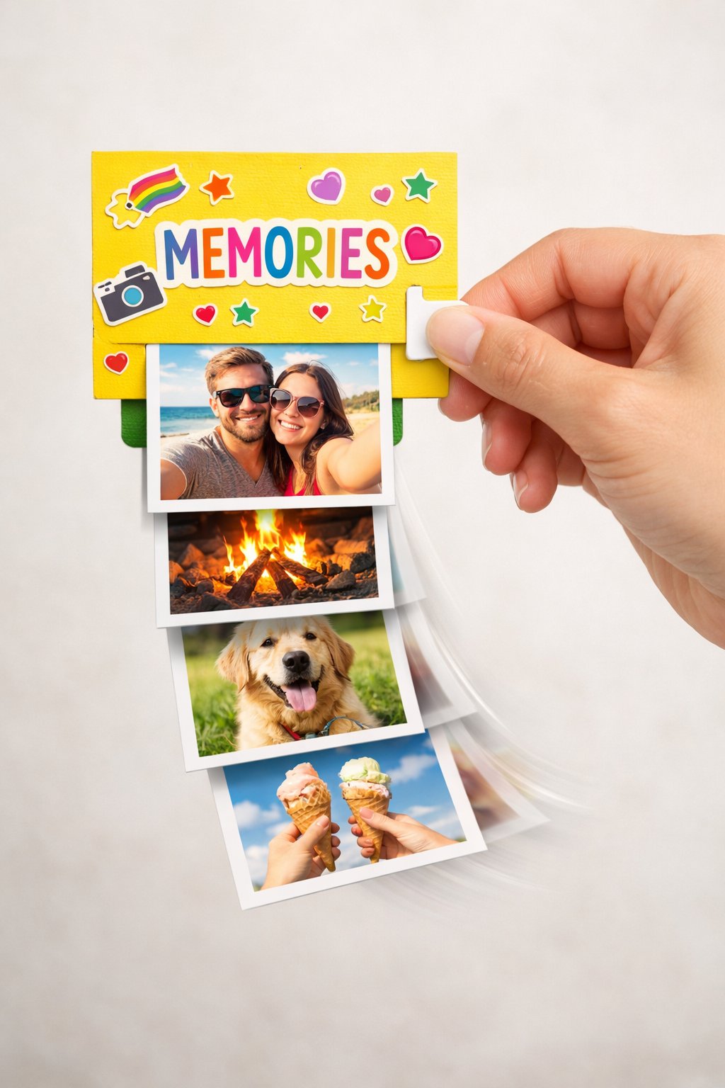 A realistic action shot of a hand pulling the tab of a Waterfall card. Four small square photos are cascading downward. The card is bright and cheerful with "memory" themed stickers. The movement is captured with a slight motion blur on the cascading panels.