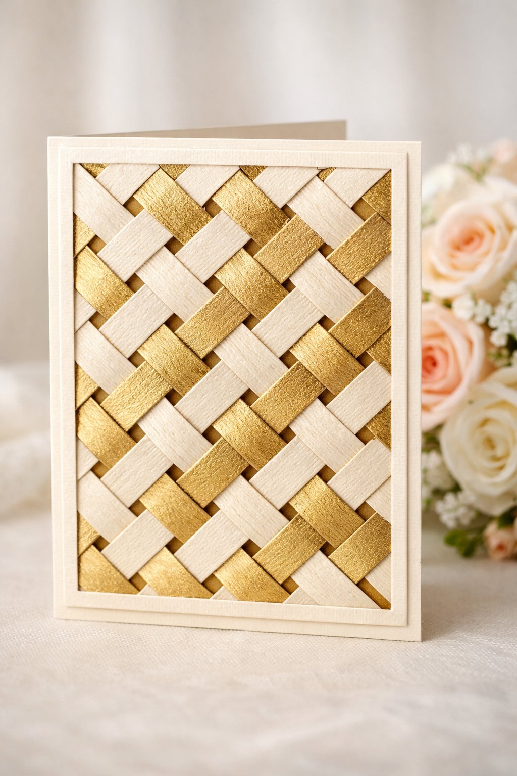 A realistic, close-up photo of a Lattice Fold card. The front of the card consists of interwoven strips of cream and gold cardstock, creating a basket-weave effect. Soft focus on a bouquet of roses in the background. Elegant and bridal.