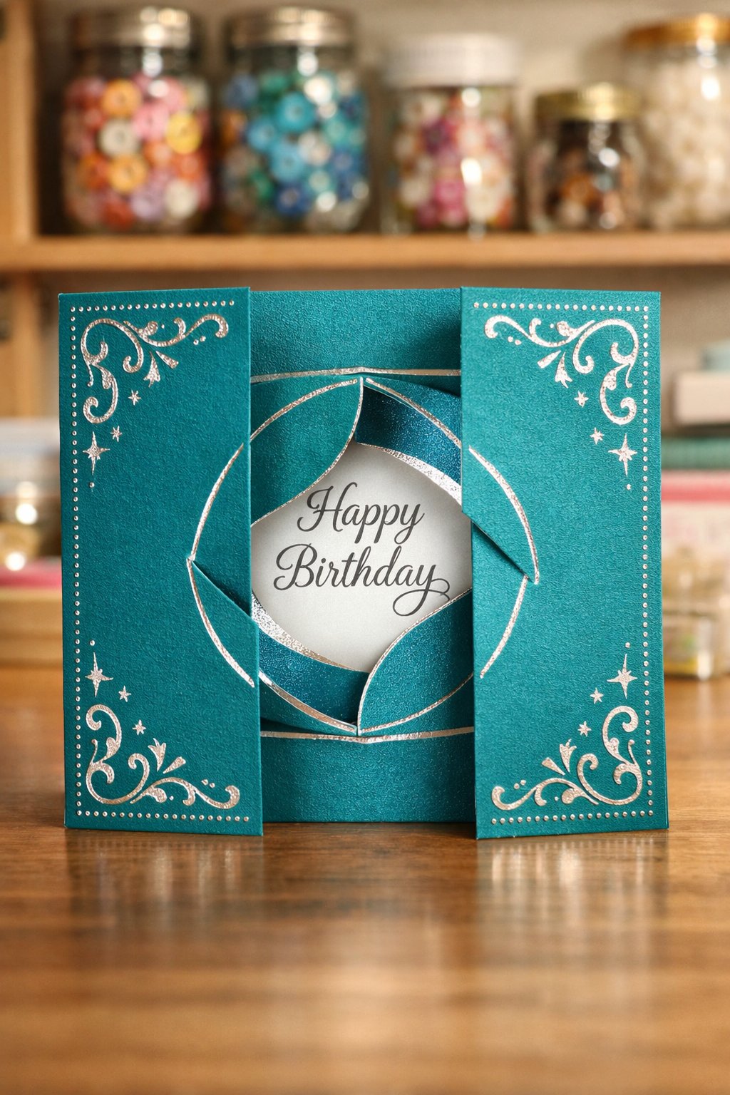A realistic, eye-level shot of a Shutter Fold card slightly ajar. The "shutter" mechanism in the center is half-open, revealing a "Happy Birthday" sentiment. The card is a vibrant teal with silver foil accents. The background is a blurred craft room with jars of colorful buttons.