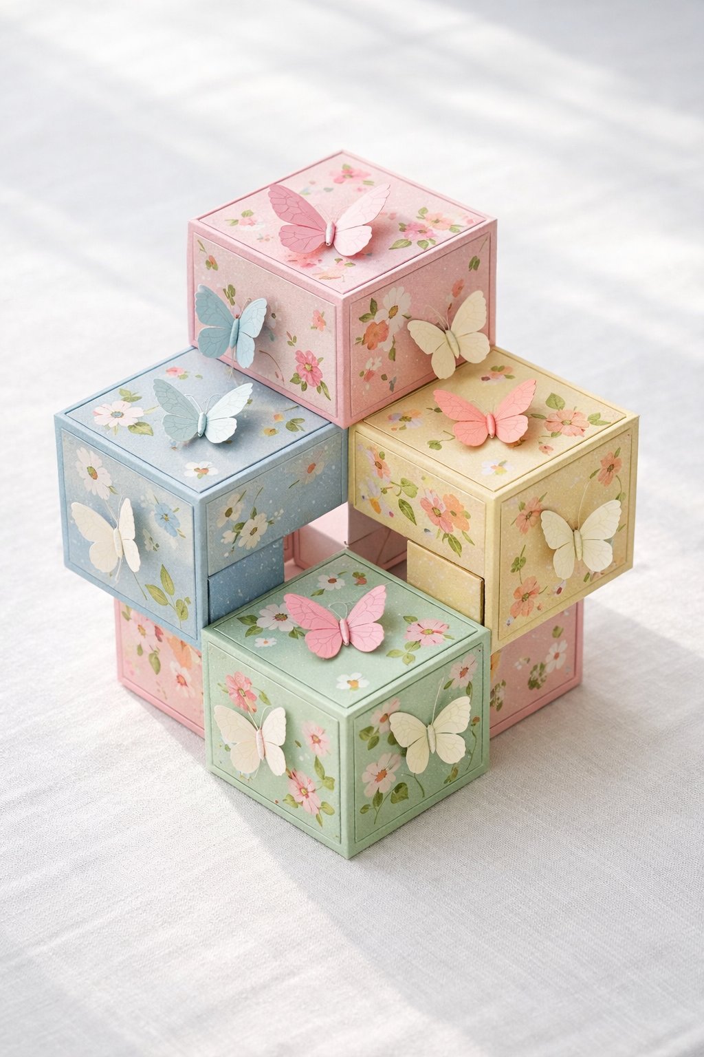 A realistic, high-angle shot of a Triple Cube card fully expanded. The cubes are made from soft pastel cardstock with delicate floral patterns. Each cube face features tiny 3D paper butterflies. The card sits on a white linen tablecloth with soft, diffused sunlight casting gentle shadows. The focus is sharp on the interlocking structure.