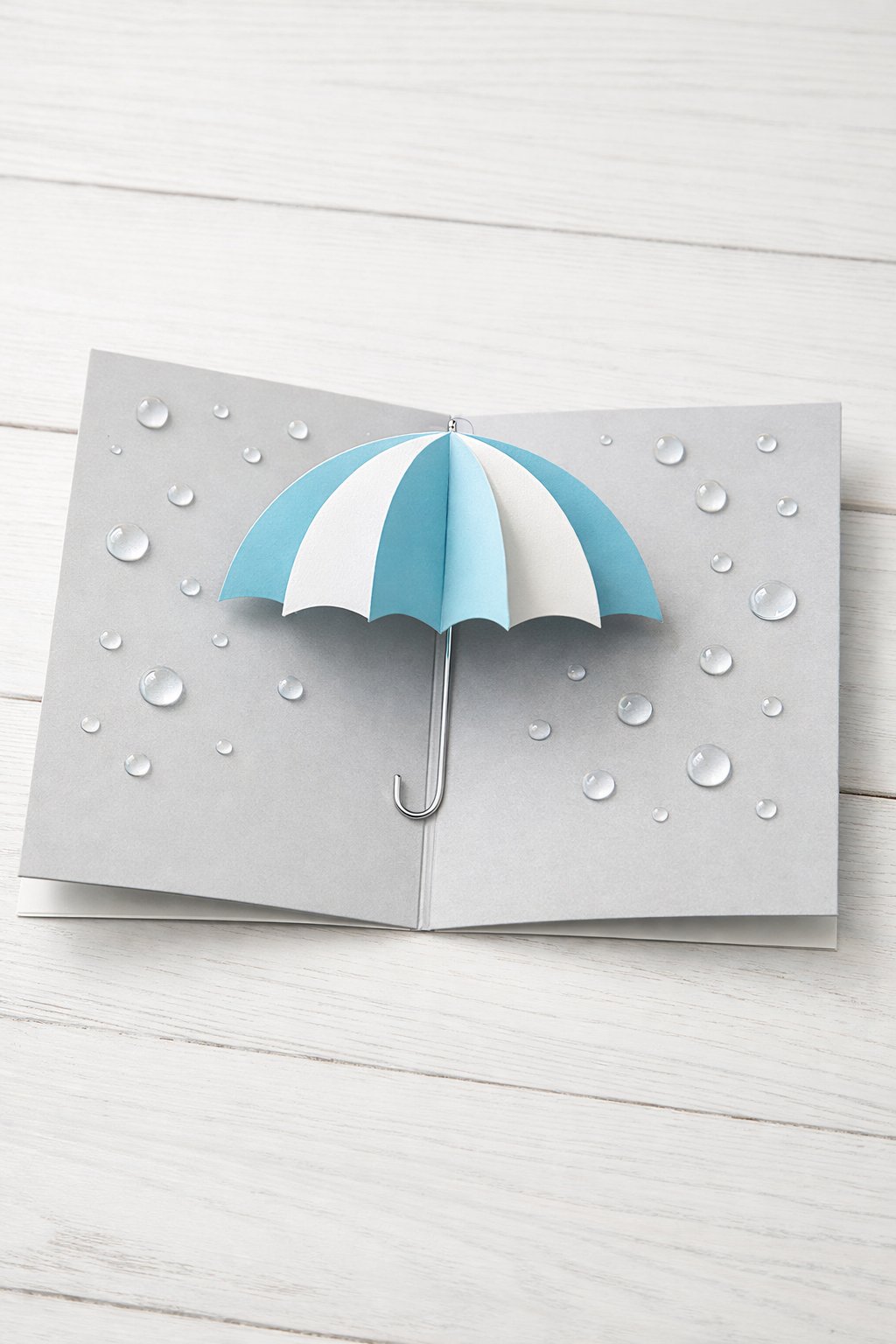 A realistic, high-angle shot of a square card lying open on a white wooden table. In the center fold, a 3D semi-circular paper umbrella (made of alternating pastel blue and white segments) stands upright. The umbrella has a thin wire handle glued to the card spine. The card background is a soft grey with clear, glossy epoxy droplets that look like real rain. There is no text on the card. Soft, diffused daylight illuminates the 3D curves of the umbrella.