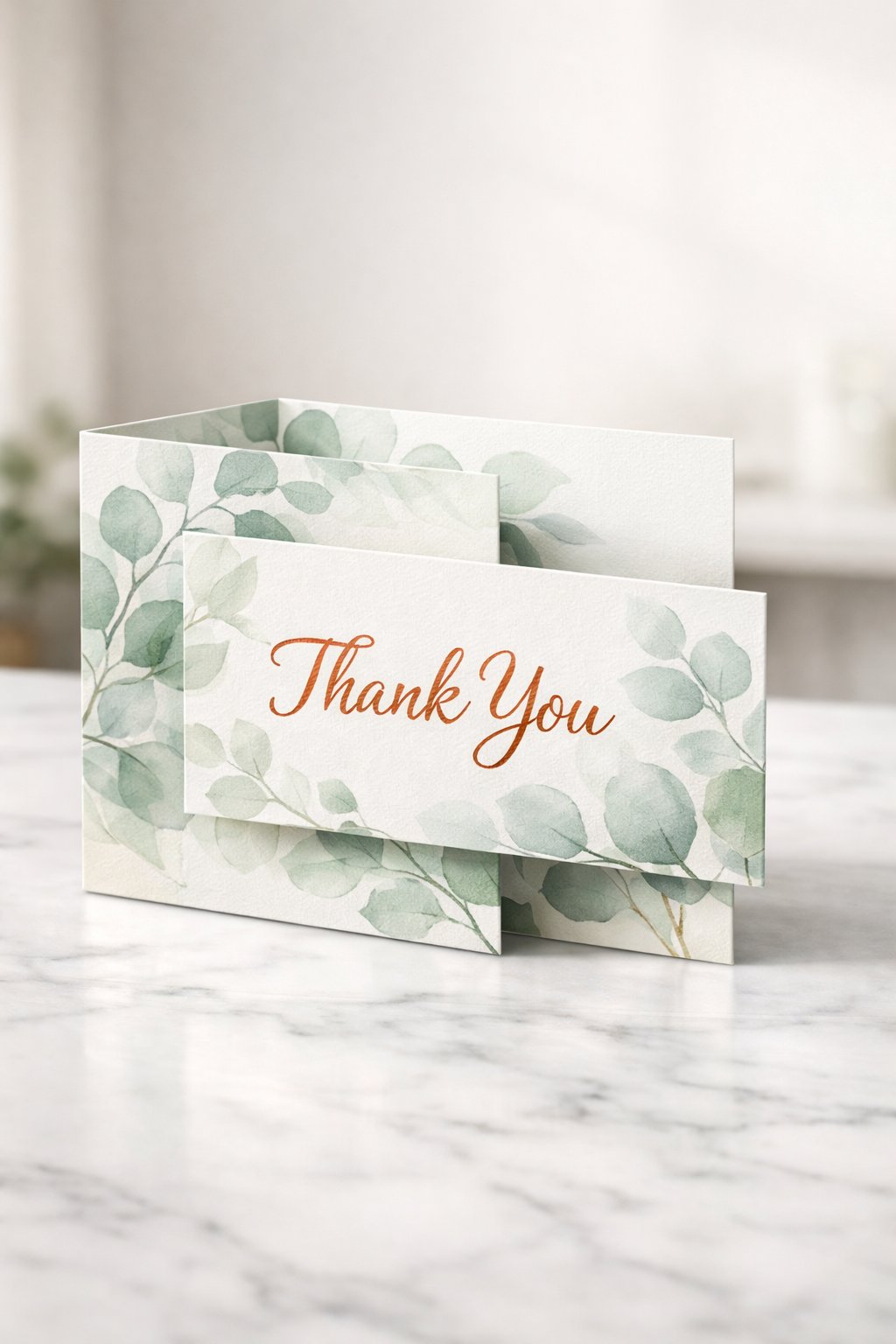 A realistic photo of a Double Z-Fold card standing upright on a white marble surface. The card features a botanical theme with soft eucalyptus prints and "Thank You" embossed in copper. The two "Z" layers are offset, creating a deep 3D landscape effect. Depth of field is shallow, blurring the minimalist room in the background.